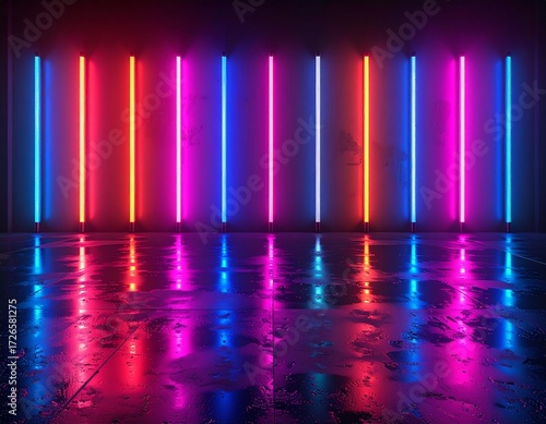 Wallpaper Mural Realistic Neon Glow in a Cinematic Urban Scene with Vibrant Colored Light Tubes and Reflective Surfaces Torontodigital.ca