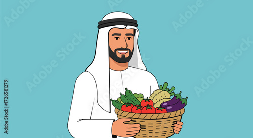 Arab Man in Traditional Attire Holding a Basket of Fresh Vegetables and Herbs