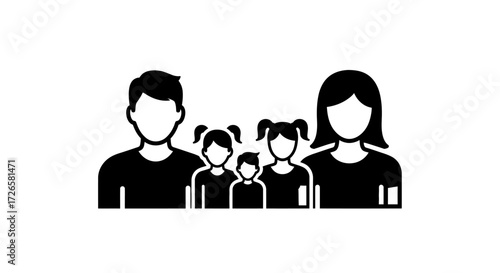 Monochromatic vector illustration portraying a nuclear family consisting of parents and three