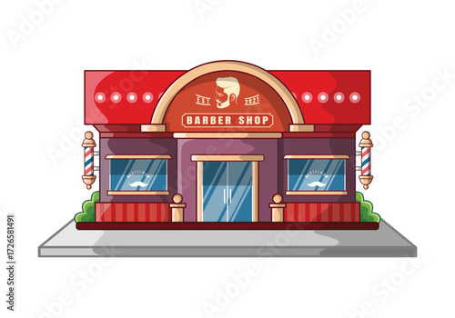 Barbershop Building Exterior Front Facade Vector Illustration with Signboard Glass Windows Modern Haircut Salon Architecture Design
