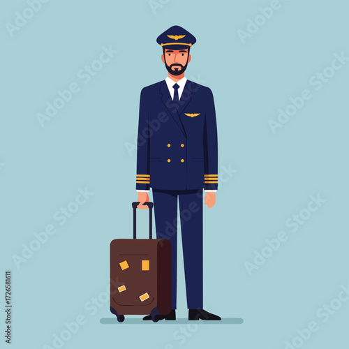 Business Airline Pilot Standing with Suitcase in Uniform for Travel and Professional Portrait