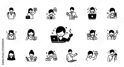 Diverse set of black and white avatar icons representing various professions and activities