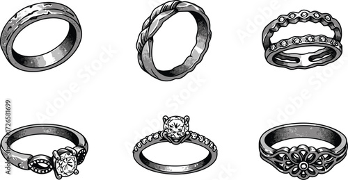 Collection of elegant diamond rings with solitaire, floral, rope, and ornate designs, luxury jewelry vector illustration for fashion accessories showcase