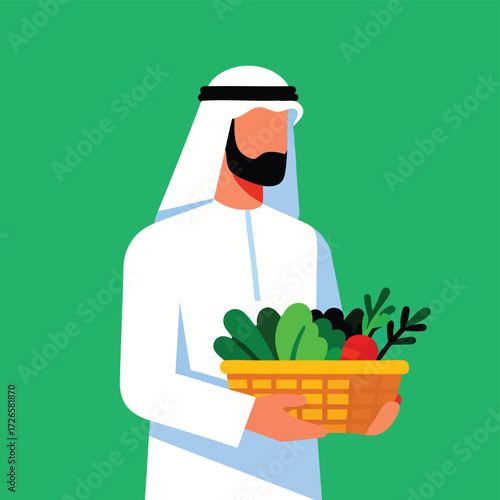 Modern Middle Eastern Farmer Wearing Traditional Thobe and Face Shield Holding Fresh Organic Vegetables