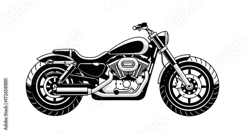 Detailed black and white illustration of a classic motorcycle design featuring intricate