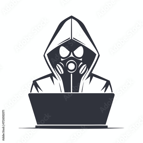 Anonymous hooded silhouette with a gas mask is using a computer for secretive purposes