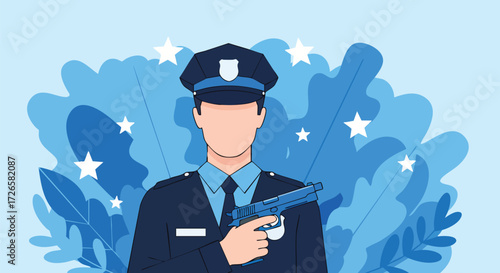 Police Officer in Uniform Holding a Gun with Bright Blue Background