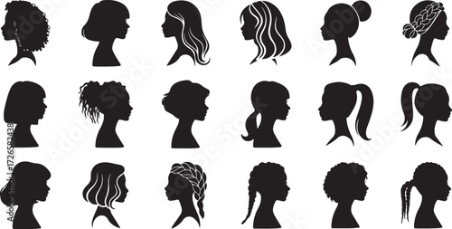 Woman Hairstyle Cartoon, Fashion Hair Silhouette, Stylish Lady Hair Icons, Female Haircut Illustration, Cartoon Girl Hair Vector, Beauty Salon Clipart, Black Hair Doodle Art, Modern Woman Haircut, Hai