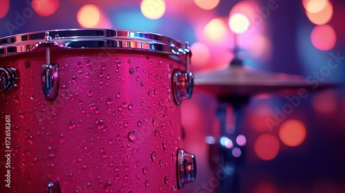 Pink drumhead with water droplets, vibrant lights