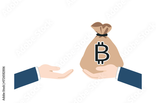 Vector illustration of business hand handing over a bitcoin money bag icon, flat design for cryptocurrency, economy and investment. ビットコインのお金袋を手渡すビジネスマンの腕のイラスト｜暗号資産・投資向けフラットベクターアイコン