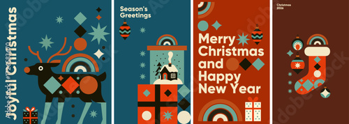 A festive collection of Christmas-themed illustrations featuring a reindeer, ornaments, gifts, and holiday greetings. The vibrant colors and geometric patterns create a joyful and modern holiday vibe.