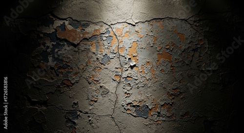 Cracked Concrete Wall Texture with Peeling Paint and Dramatic Spotlight Illumination