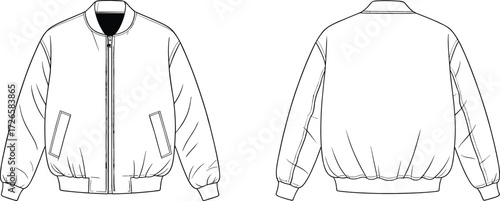 Technical flat sketch of bomber jacket, front and back view, zipper closure, ribbed collar, cuffs, waistband, welt pockets, vector apparel template