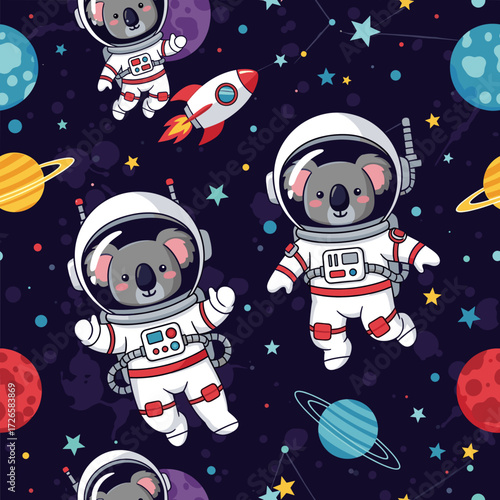 Playful koala astronauts exploring a vibrant galaxy Imagination discovery and fun for kids