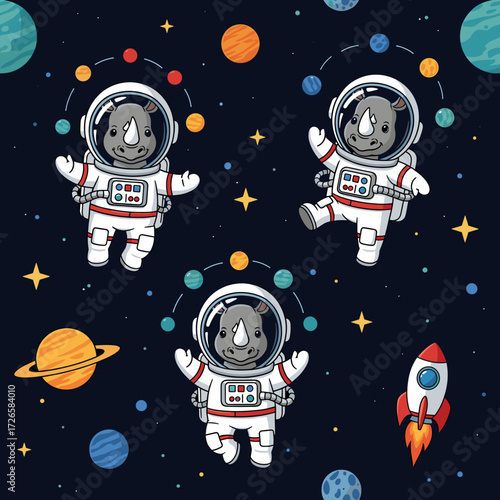 Cute cartoon rhino astronauts exploring space with planets stars and a rocket Fun cosmic adventure