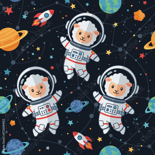Cute astronaut sheep happily explore a vibrant space with planets stars and rockets