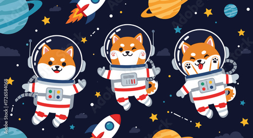 Cute Shiba Inu dogs in astronaut suits exploring space with planets and rockets Fun adventure concept