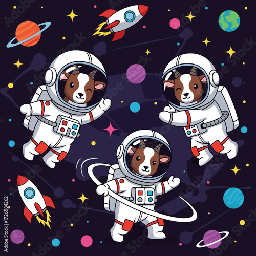 Cute cartoon goats in astronaut suits float happily in a vibrant space with planets and rockets