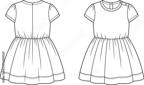 Technical flat sketch of girl’s dress, front and back view, short sleeves, round neckline, gathered skirt, decorative hem, vector apparel template