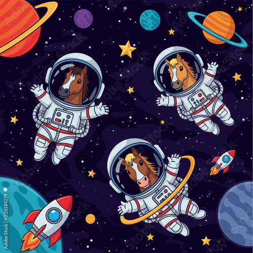 Cute cartoon horses in astronaut suits float in space with planets and rockets Fun childrens adventure concept