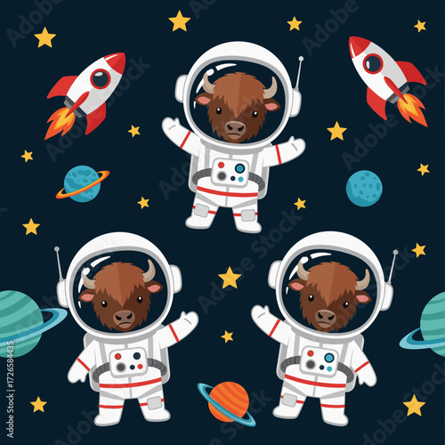 Cute cartoon bison astronauts explore space with rockets planets and stars Fun cosmic adventure