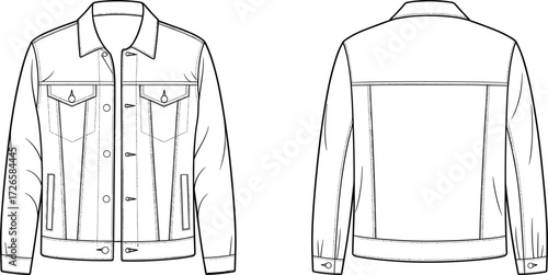 Technical flat sketch of denim jacket, front and back view, collar, button closure, chest flap pockets, side pockets, seams, vector apparel template