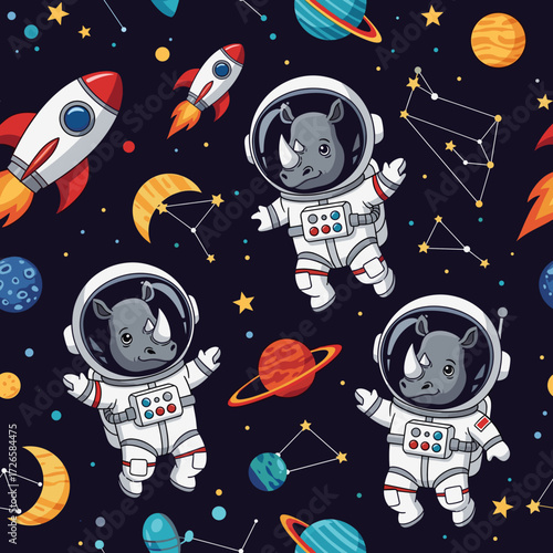 Playful cartoon rhinos in astronaut suits explore a whimsical space with planets and rockets