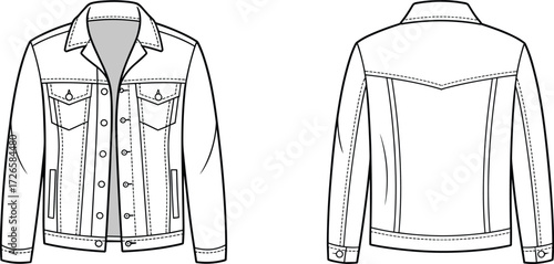 Technical flat sketch of denim jacket, front and back view, collar, button closure, chest flap pockets, side pockets, seams, vector apparel template