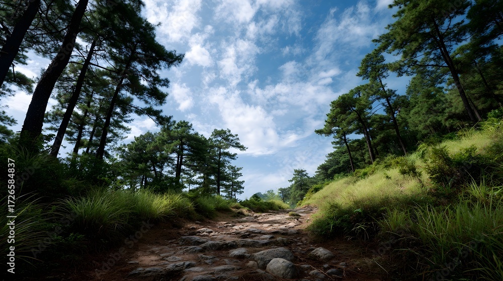 Fototapeta premium A natural stone path winds through a green pine forest under a bright blue sky with clouds inviting outdoor adventure