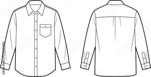 Technical flat sketch of long sleeve button up shirt, front and back view, collar, chest pocket with flap, cuffs, pleat, vector template