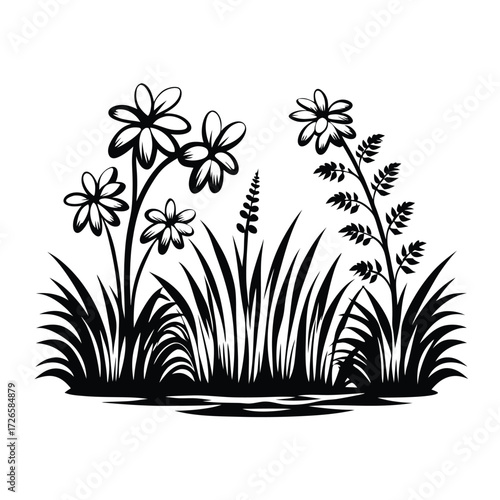 Black and white flower meadow displays floral silhouettes, reflecting in the calm water below