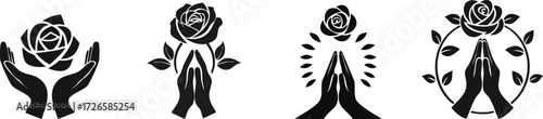 A series of minimalist black illustrations featuring hands and roses, symbolizing care, love, and spirituality.