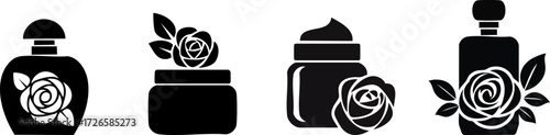 Four black silhouettes of beauty products adorned with roses, including bottles and jars, highlighting elegance and floral themes.