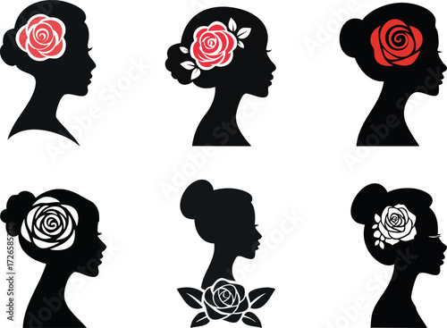Six graceful silhouettes of women with roses, displaying elegance and beauty, set in a striking black and white design.
