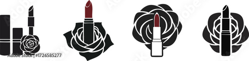 Four stylized illustrations of lipstick tubes encircled by roses, highlighting beauty and elegance in a minimalist design.