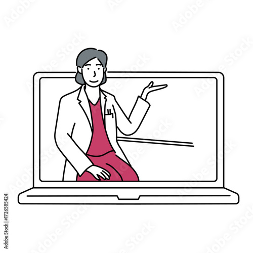 ノートパソコンの画面に映し出された医師が手を上げ説明をしているシーンのイラスト。遠隔医療やオンライン相談を象徴する現代的な医療のスタイルを表現｜オンライン診療,遠隔医療,医師,ノートパソコン,ビデオ通話,医療従事者,健康相談,教育,説明,解説,プレゼンテーション,ベクター