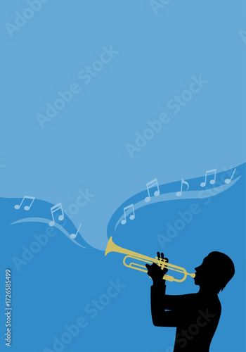 Vector illustration of a vertical frame with the silhouette of a trumpet player and musical notes, suitable for a concert flyer or program