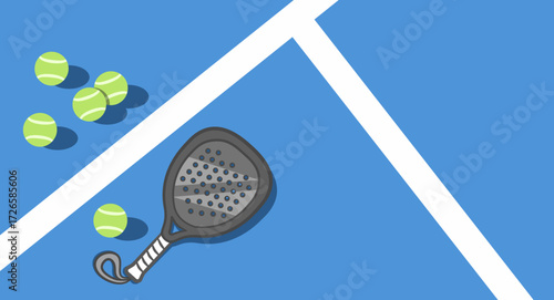 Padel ball and racket on the field background. Set of paddle tennis kit aerial view vector hand drawn doodle illustration. Containing racket, tennis ball.