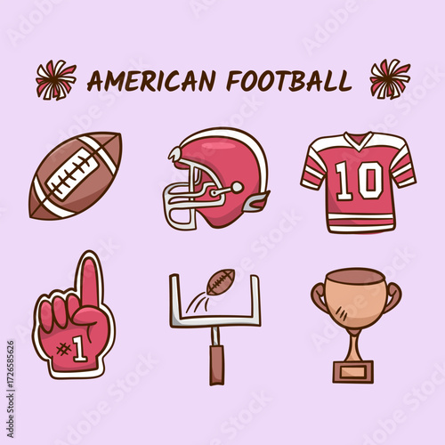 	
American football equipment hand drawn illustration. Set of rugby kit collection vector icon doodle. Containing ball, helmet, t-shirt, goal post, trophy, fans glove.