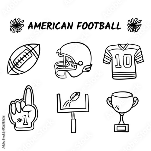 	
American football equipment hand drawn illustration. Set of rugby kit collection vector icon doodle. Containing ball, helmet, t-shirt, goal post, trophy, fans glove.