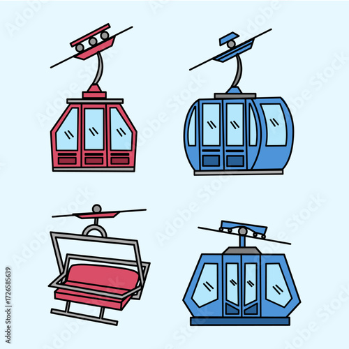 Funicular train and chairlift hand drawn illustration collection. Set of outline vector funicular car.
