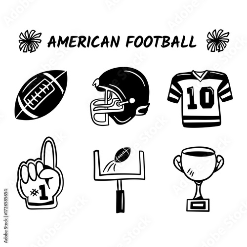 	
American football equipment hand drawn illustration. Set of rugby kit collection vector icon doodle. Containing ball, helmet, t-shirt, goal post, trophy, fans glove.