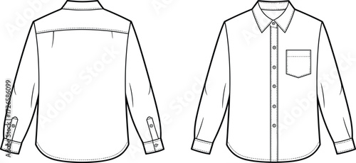 Technical flat sketch of long sleeve shirt, front and back view, button up design, collar, pocket, cuffs, vector apparel template