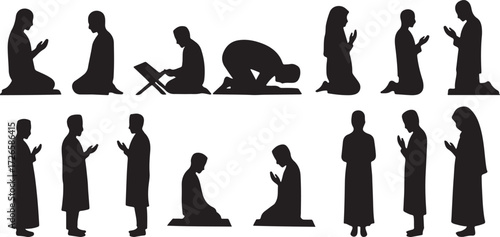 Praying Silhouette Icons, Cartoon People Prayer, Muslim Prayer Vector, Religious Cartoon Symbols, Worship Silhouette Icons, Spiritual Cartoon Clipart, Faith Prayer Icons, Cartoon Religious Symbol, Hum