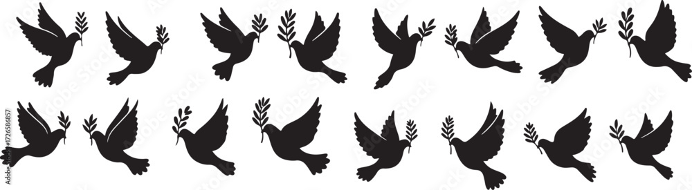 Obraz premium Dove Silhouette Vector, Peace Bird Icons, Flying Dove Cartoon, Cartoon Bird Symbol, Love Bird Silhouette, Pigeon Icons Vector, Wedding Dove Cartoon, Flying Bird Illustration, Dove Black Silhouette, Ca