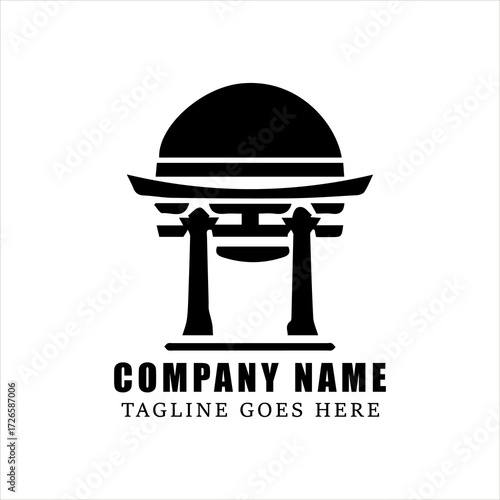 Minimalist Torii Gate with Rising Sun Logo Vector, Black and White Japanese Shinto Symbol, Traditional Cultural Architecture Silhouette for Branding and Heritage Identity