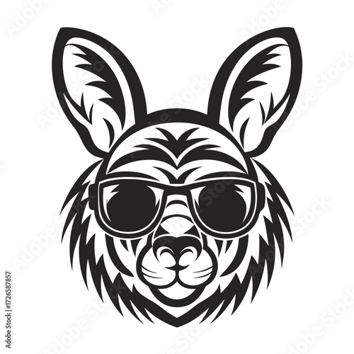 Black kangaroo head art wears sunglasses, providing a tribal vibe on white