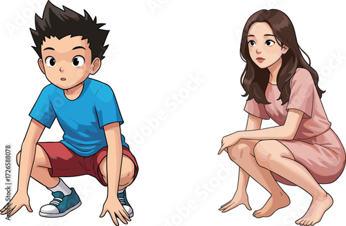 Cartoon boy and girl squatting pose, casual outfit characters, stylish children illustration, modern fashion design, cute anime style vector art