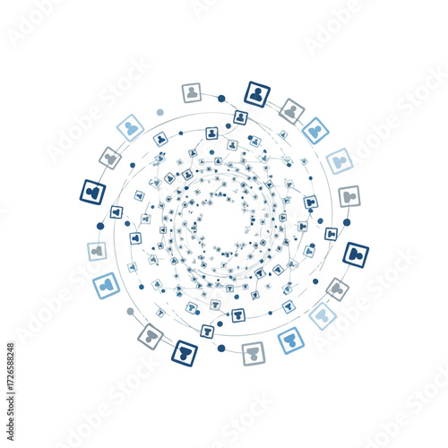 Abstract visualization of a global social media network with interconnected user profiles forming a digital spiral on a white background