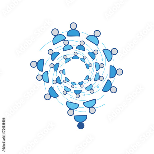 A swirling vortex of interconnected people icons symbolizing a dynamic digital network, community collaboration, and social connectivity